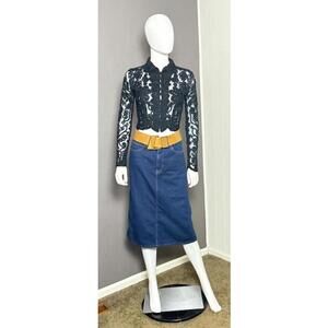 1990's Black Beaded Guipure Lace Cropped Top Mesh Glam Blouse S/M